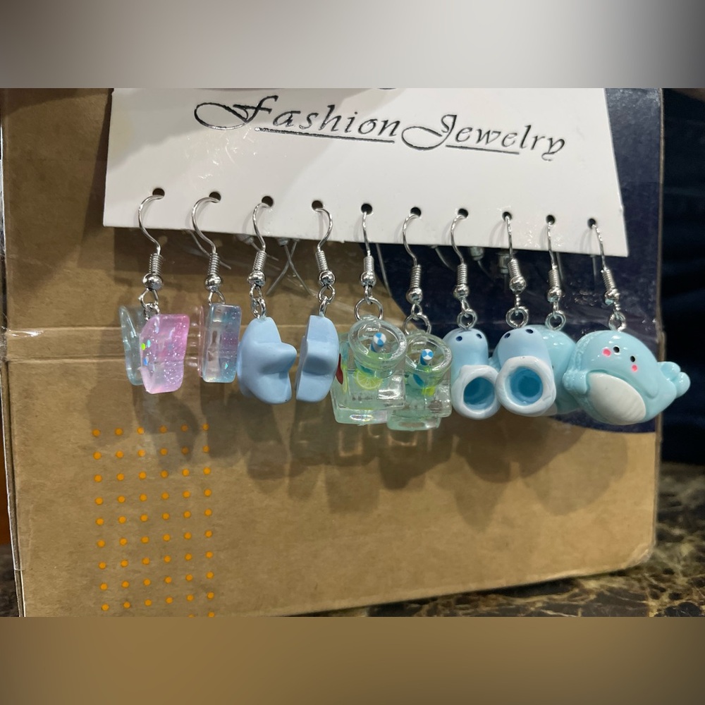 Fashion earrings  5 pairs, whale, boots, butterfly
